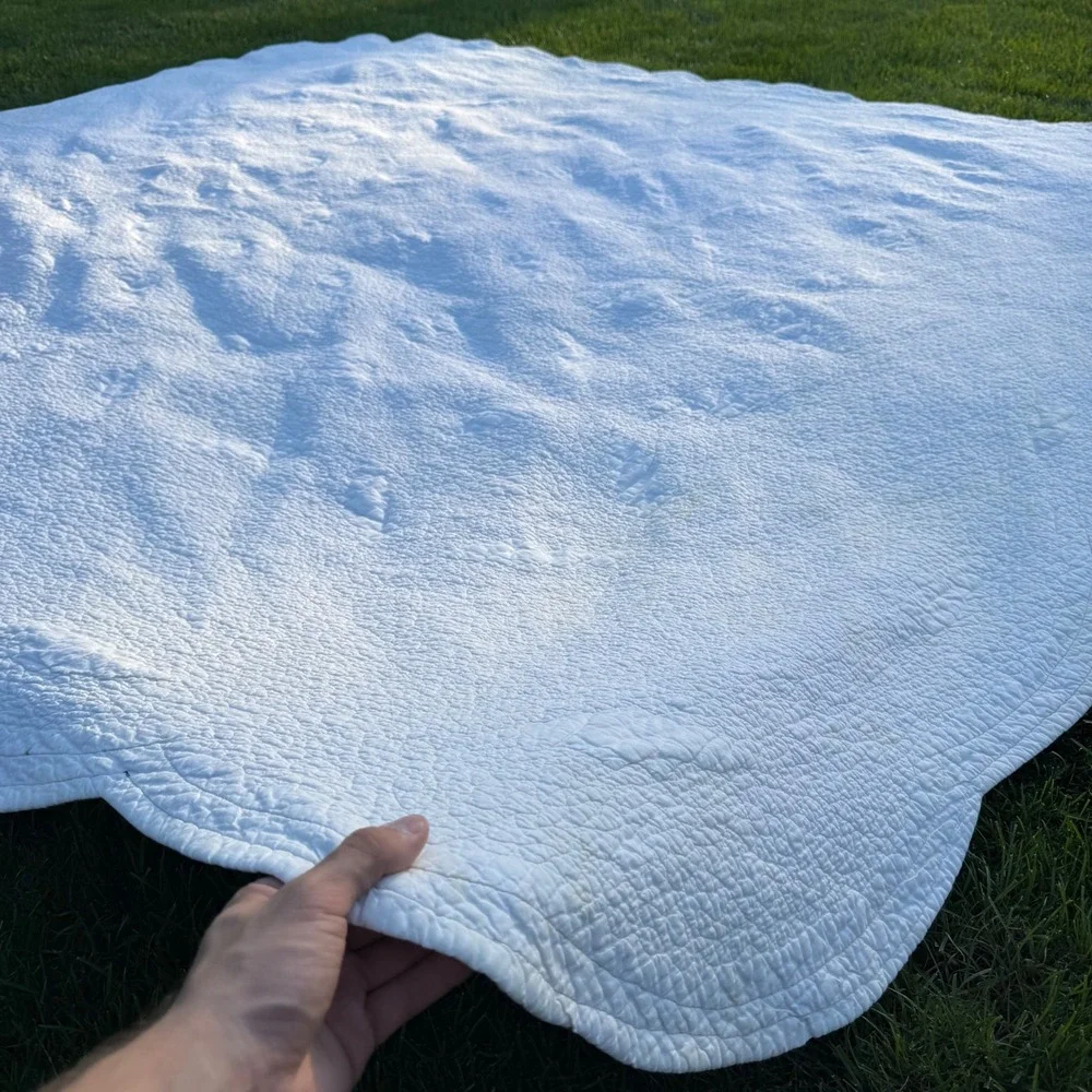 Floral Embroidered Patchwork Quilt Scalloped Edge White Burgundy 88x88 Vintage